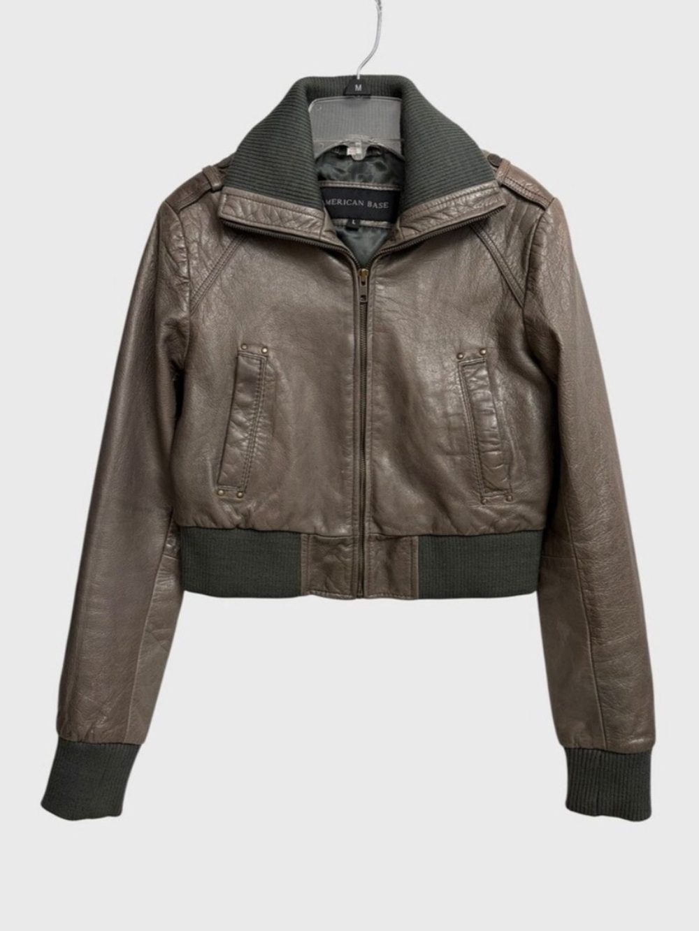American Base Leather Bomber Jacket Y2K Women’s L (XS/S) Taupe Cropped Aviator